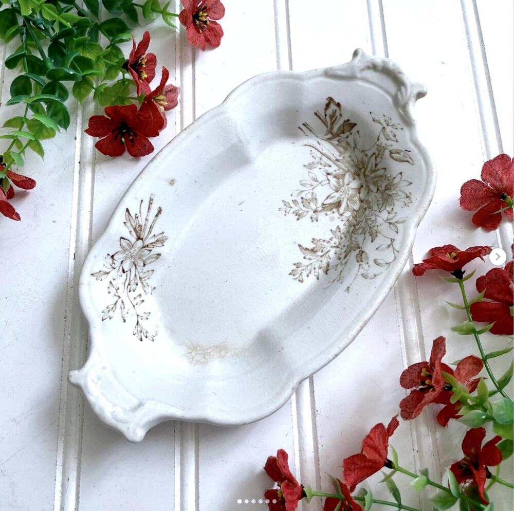 Vintage Brown Floral Transferware Relish Tidbit Tray Dish Turner Stained Crazed